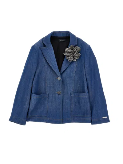 Monnalisa Denim Jacket With Flower Applique In Blue