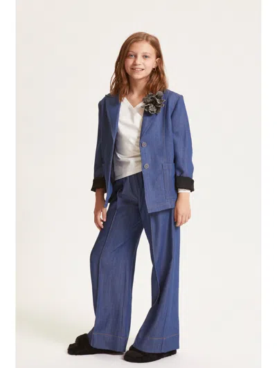 Monnalisa Denim Jacket With Flower Applique In Blue