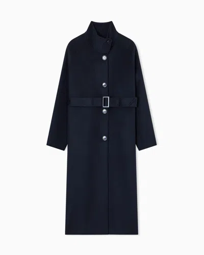 Emporio Armani Mock-neck Wool-blend Coat With Matching Belt In Blue
