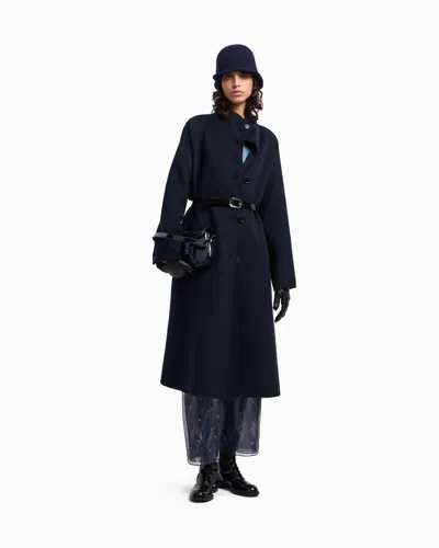 Emporio Armani Mock-neck Wool-blend Coat With Matching Belt In Blue