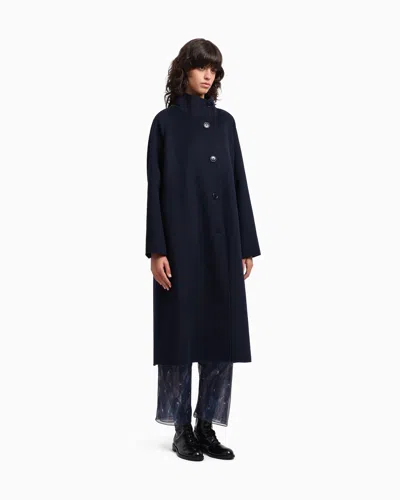 Emporio Armani Mock-neck Wool-blend Coat With Matching Belt In Blue