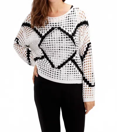 Frank Lyman Geometric Crochet Knit Top In White/black In White