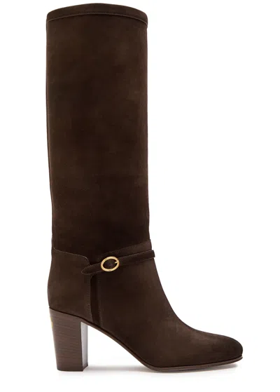 Valentino Garavani Knee-high Suede Boots With Leather Block Heel In Brown