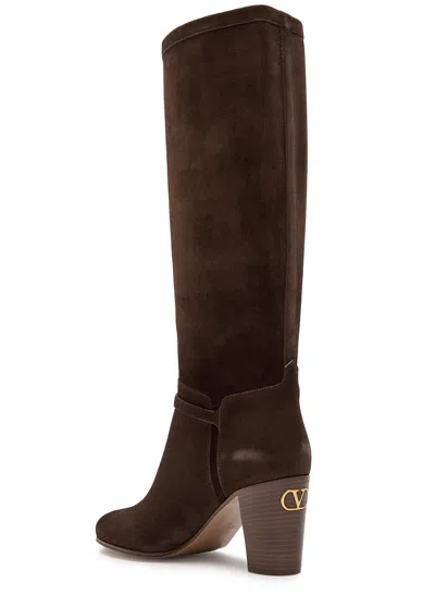 Valentino Garavani Knee-high Suede Boots With Leather Block Heel In Brown