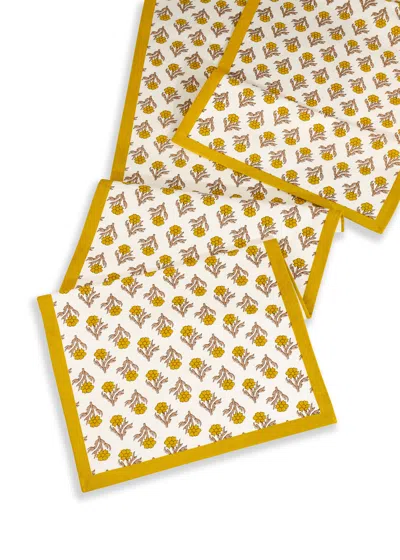 Tiramisu Golden Marigold Block Print Cotton Table Runner In Yellow