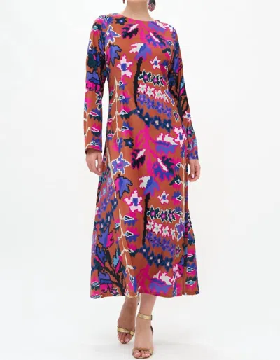 Oliphant Bukhara Long-sleeve Shift Maxi Dress In Camel In Multi
