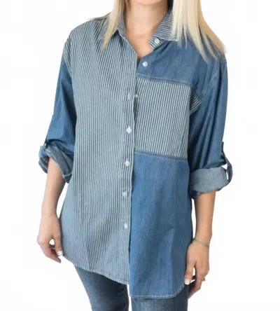 Eesome Mineral Washed Pinstripe Color Block Shirt In Denim In Blue