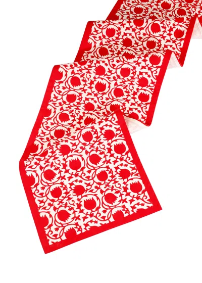Tiramisu Crimson Bloom Block Print Cotton Table Runner In Red