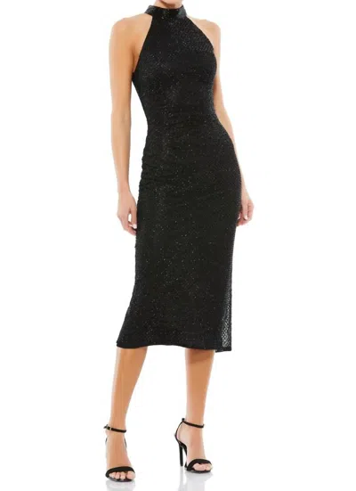 Mac Duggal Beaded High Neck Halter Midi Dress Sleeveless In Black In Black