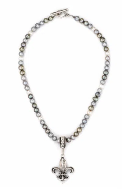 French Kande Tri-color Freshwater Pearls, Cab Bail With Pearl And Fleur Pendant In Silver Multi In Multi