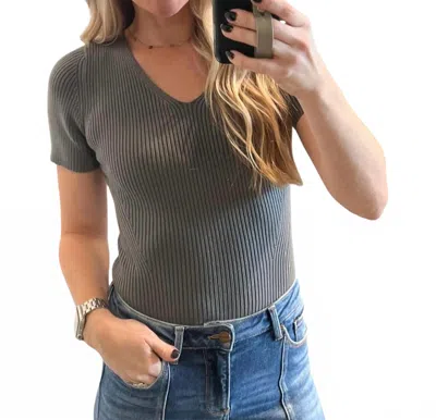 Wishlist Ribbed Knit Short Sleeve Thong Bodysuit In Olive In Gray