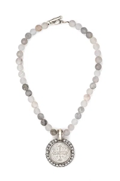 French Kande Ashen Silk Mix Swarovski Brillante Bezel, Pearl Cabs And Saint Benedict Medallion Necklace In Beige  In Sand