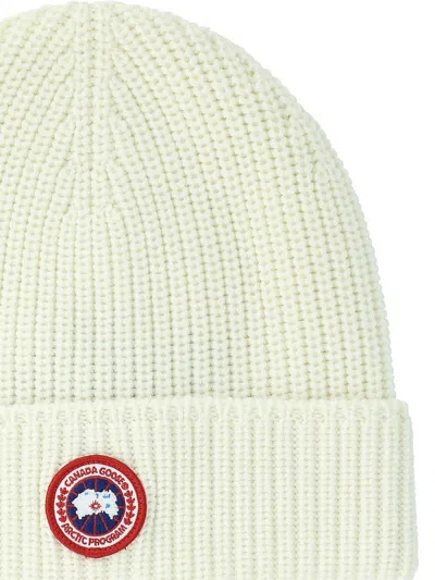 Canada Goose Ribbed Wool Beanie With Contrasting Logo Patch In Neutral