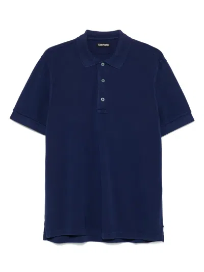 Tom Ford Textured Finish Navy Polo With Front Button Placket In Blue