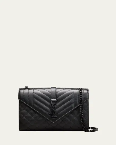 Saint Laurent Envelope Triquilt Medium Ysl Shoulder Bag In Grained Leather In Black Black