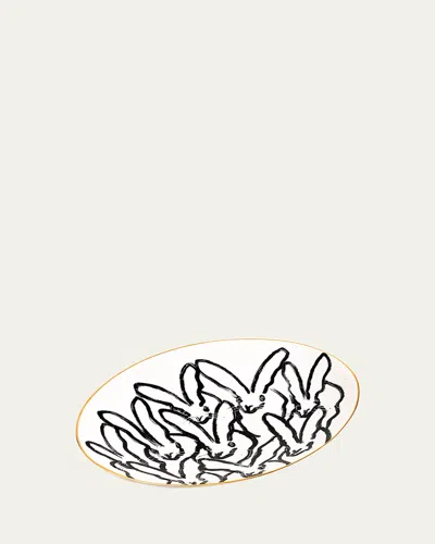 Hunt Slonem Rabbit Run Serving Platter With Gold Rim In White Pattern