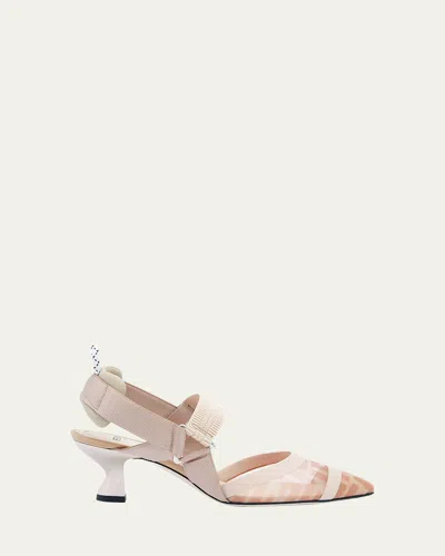 Fendi Black Leather And Mesh Slingbacks With Medium Heel In Beige
