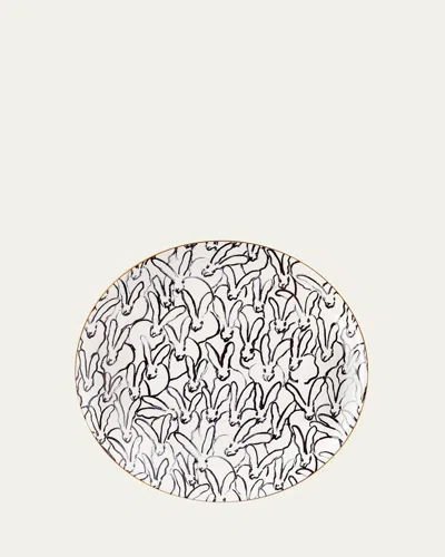 Hunt Slonem Rabbit Run Salad Plate With Gold Rim In White Multi