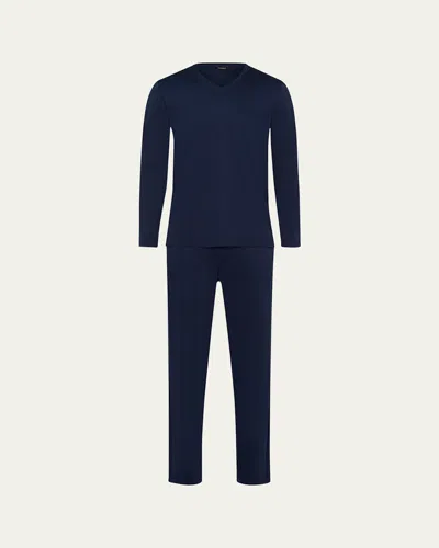 Hanro Men's Night Selection Long Cotton Pajama Set In Deep Navy