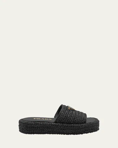Prada Crochet Wedge Slides In Black