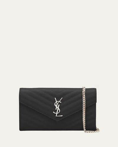 Saint Laurent Monogram Grain De Poudre Leather Wallet On Chain In Black