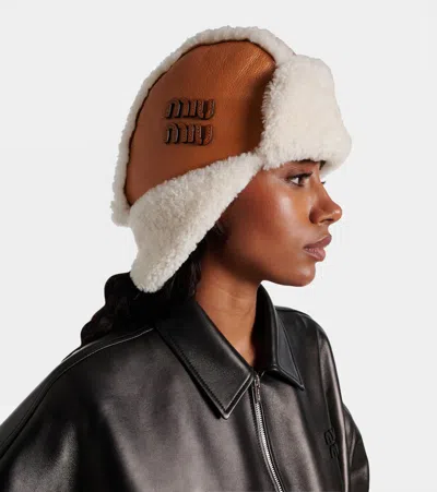 Miu Miu Shearling-trimmed Leather Hat In White