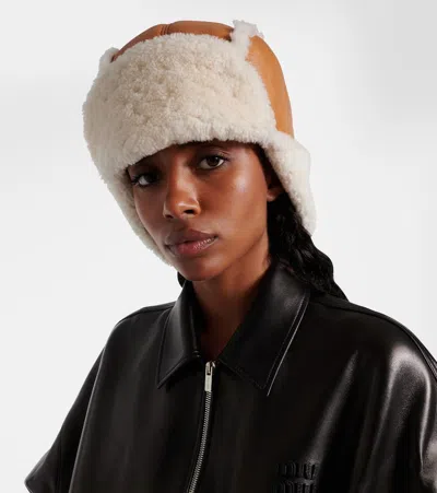 Miu Miu Shearling-trimmed Leather Hat In White
