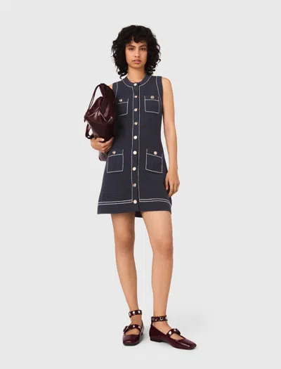 Maje Womens Navy Topstitched Patch-pocket Cotton-blend Mini Dress In Blue