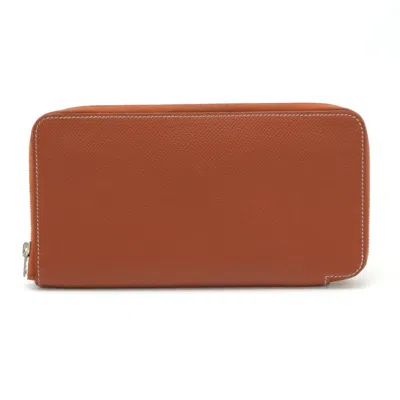 Pre-owned Hermes Sienne Epsom Leather Silk Long Wallet (bi-fold) () In Brown