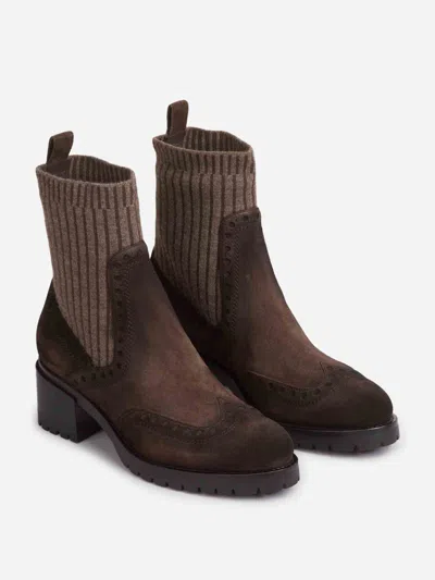Santoni Women's Dark Brown Suede Low-heel Ankle Boot In Brown