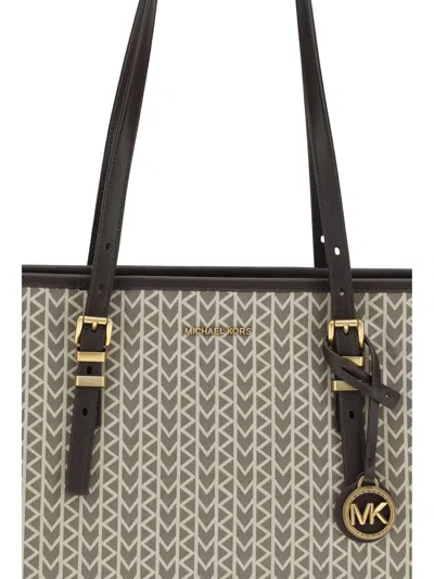 Michael Kors Quinn Large Jacquard Logo Tote Bag In Brown