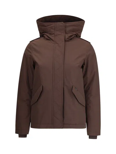 Woolrich Long-sleeved Hooded Parka Coat In Brown