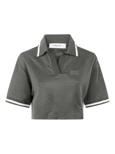 Golden Goose "journey W`s" Medium Crop Polo Fluid Jersey Knitted Rib Micro Piquet Tonal Embroidery C In Gray