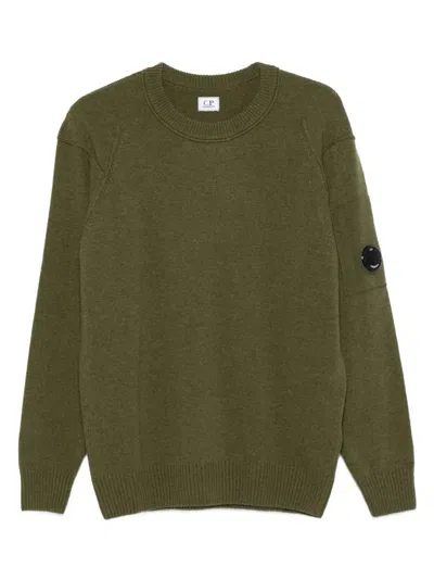 C.p. Company Green Crew Neck Sweater With Logo Plaque On The Sleeve In Cotton Man In Green