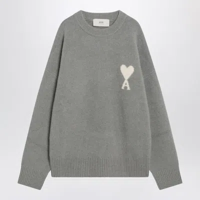 Ami Alexandre Mattiussi Ami Round Neck Sweater With Logo Detail And Ribbed Finishes In Gray