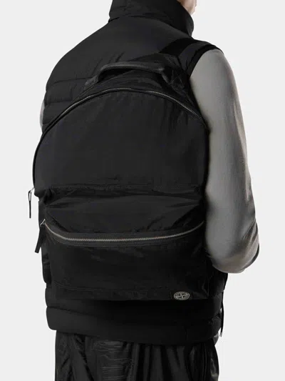 Stone Island Adjustable Strap Logo Backpack With Multiple Pockets In Black