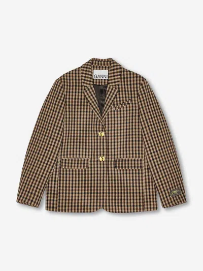 Ganni Checked Single-breasted Wool Blazer In Brown