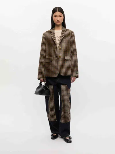 Ganni Checked Single-breasted Wool Blazer In Brown