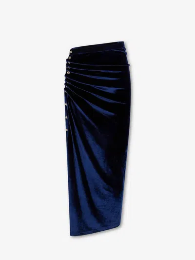 Rabanne Asymmetric Buttoned Velvet Midi Skirt In Blue