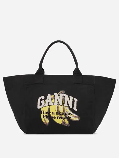 Ganni Borsa Shopping In Tela Ardesia  Donna In Black