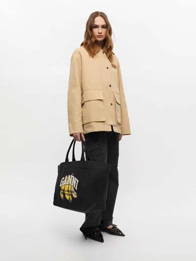 Ganni Borsa Shopping In Tela Ardesia  Donna In Black