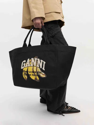 Ganni Borsa Shopping In Tela Ardesia  Donna In Black