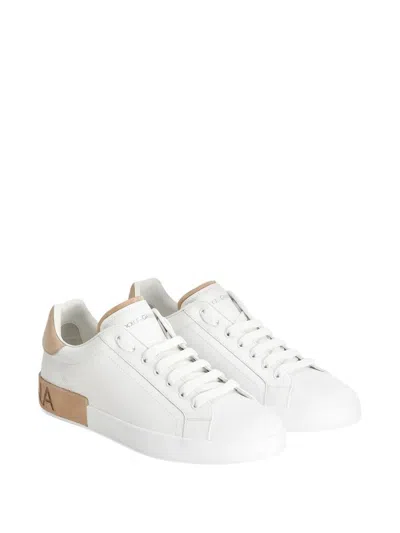 Dolce & Gabbana Portofino Leather Sneakers In White And Tan In White