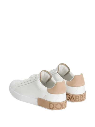 Dolce & Gabbana Portofino Leather Sneakers In White And Tan In White