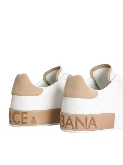 Dolce & Gabbana Portofino Leather Sneakers In White And Tan In White