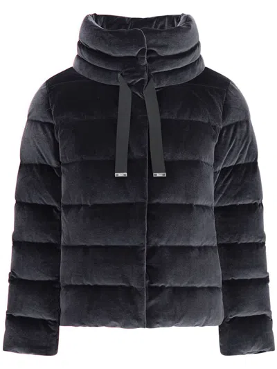 Herno Velvet Quilted Drawstring High Collar Jacket In Black