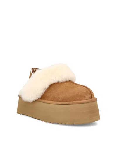 Ugg Platform Mules Made Of Camel-colored Leather With Faux Fur And Elastic Back In Brown