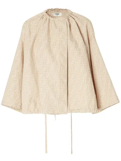 Fendi Ff-jacquard Drawstring Jacket In Sand