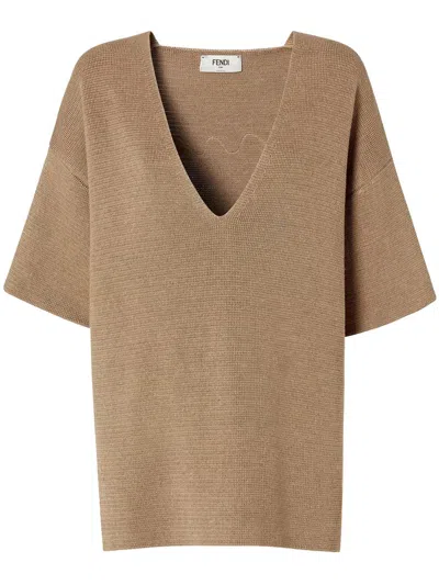 Fendi Dark Beige Cotton And Silk Sweater In Multi
