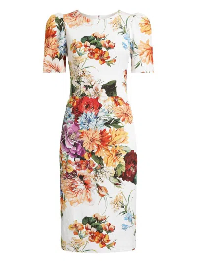 Dolce & Gabbana Midi Dress In Cretonne With A Bouquet Print In Multi